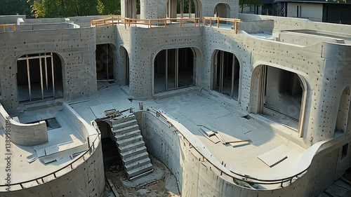 3D-printed concrete house under construction, showcasing unique architectural design and organic forms