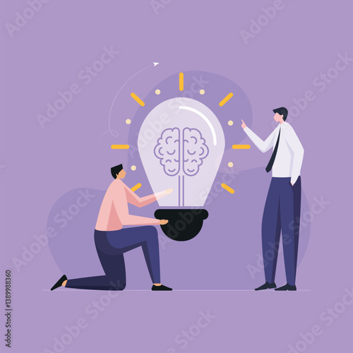 Business team showcasing a glowing lightbulb with a brain, symbolizing creative thinking and smart ideas for growth and success