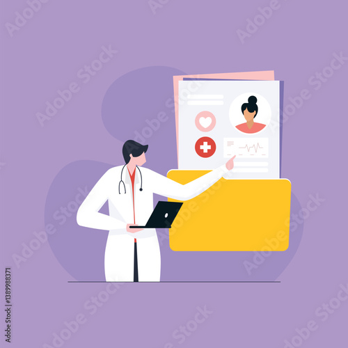 Young female doctor working on a laptop, managing Electronic Health and Medical Records, Global healthcare AI technology