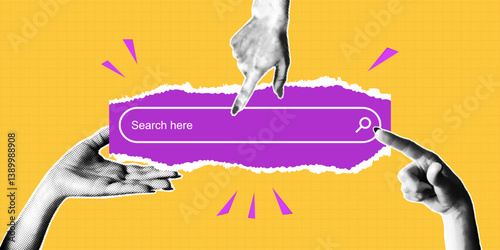 Search page in collage style with halftone hands pointing to search bar. Collage style search page in background with torn paper with halftone arms. Vector.