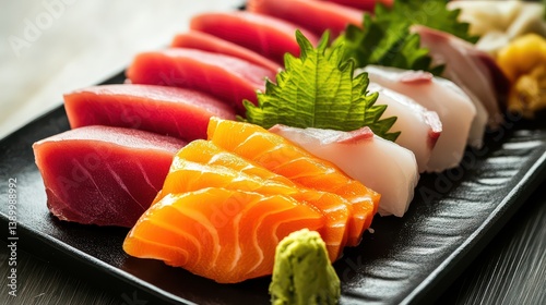 A vibrant display of fresh sashimi on a black plate, with expertly arranged slices of tuna, salmon, and white fish, garnished with wasabi and a few mint leaves.