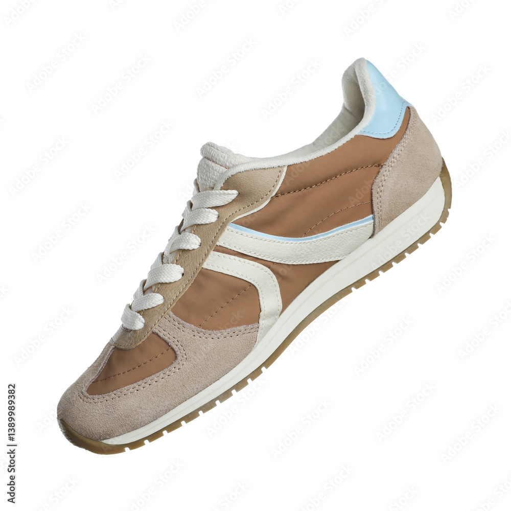 Naklejka premium One stylish sneaker in air isolated on white. Casual footwear