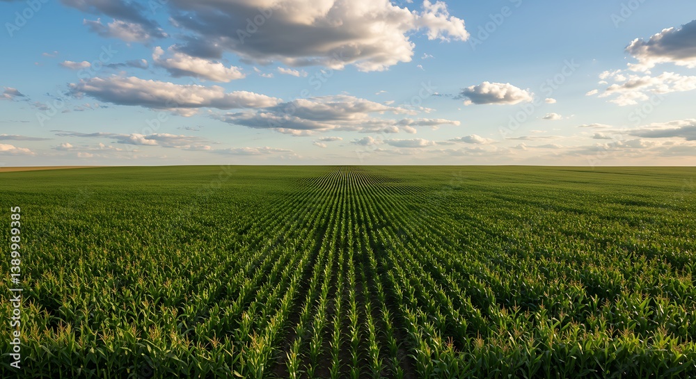 Vibrant cornfield stretching to the horizon under a bright, airy sky at dusk