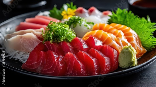 A vibrant display of fresh sashimi on a black plate, with expertly arranged slices of tuna, salmon, and white fish, garnished with wasabi and a few mint leaves.