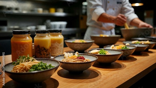 Chef's counter with miso ramen and fermented bamboo shoots in a pop-up setting