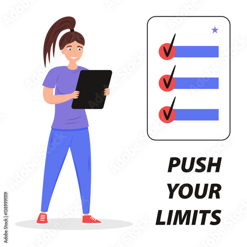 Woman checking completed tasks on a tablet while focusing on goals