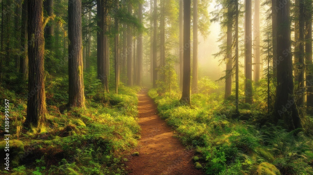 Fototapeta premium Sunlit Path Through Misty Forest