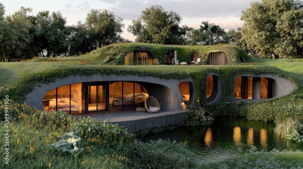 Fototapeta premium Eco-Friendly Cave House Design: A Sustainable Home Integrated with Nature