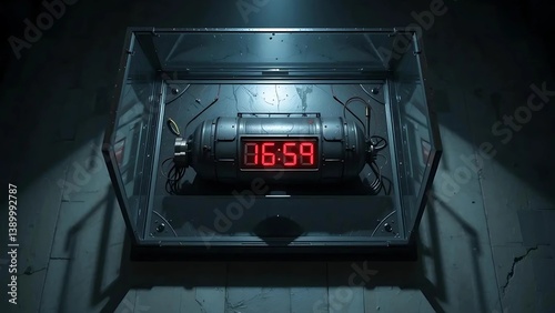 Encased Time Bomb: 06:59 Countdown in Futuristic Display Case