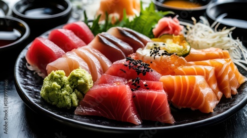 A visually striking sashimi platter on a black plate, featuring thin slices of fresh fish like tuna and salmon, accompanied by small bowls of soy sauce and wasabi.