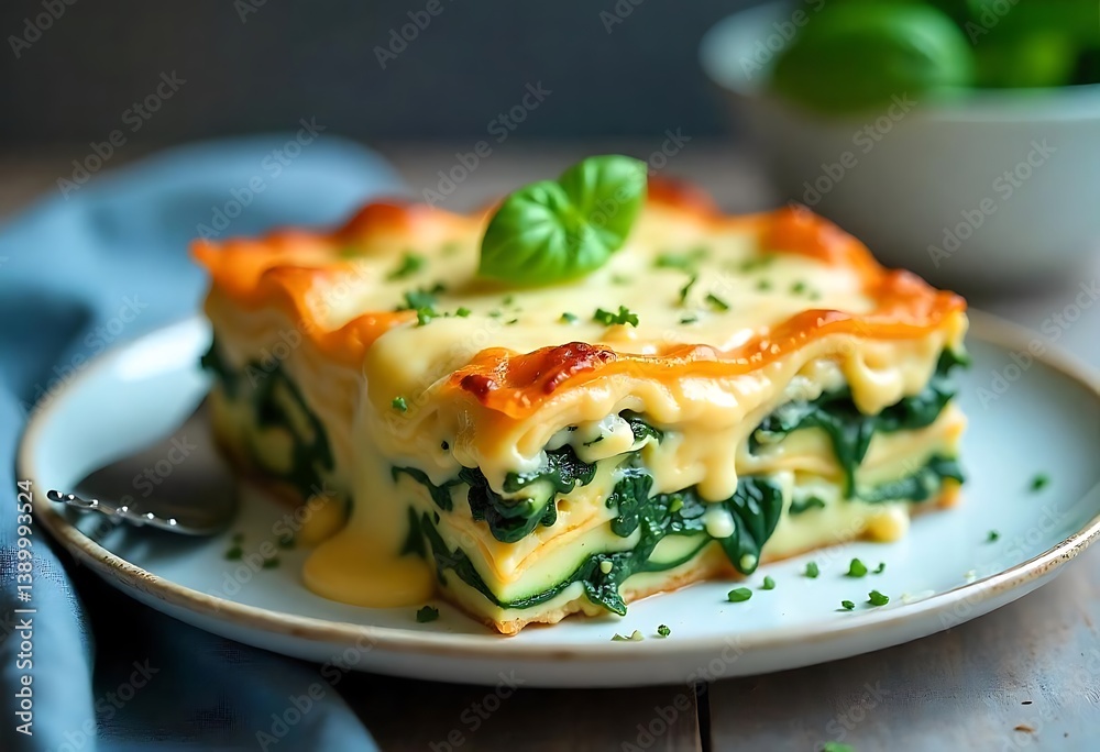 Lasagna with spinach on a plate close-up. Vegan Lasagna with spinach on a plate close-up. Vegan