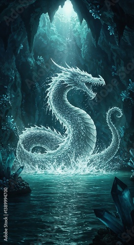 Mystical dragon emerging from water in a dark cave  