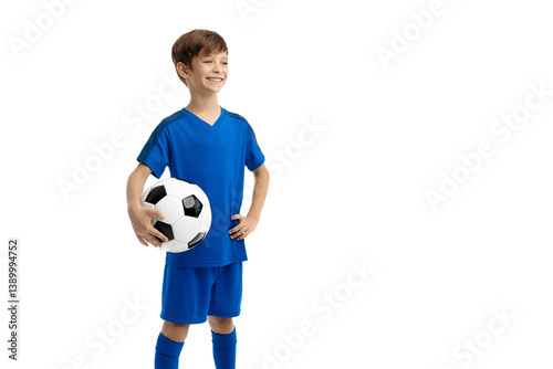 Confident young boy in blue sport outfit posing with classic soccer ball over white background