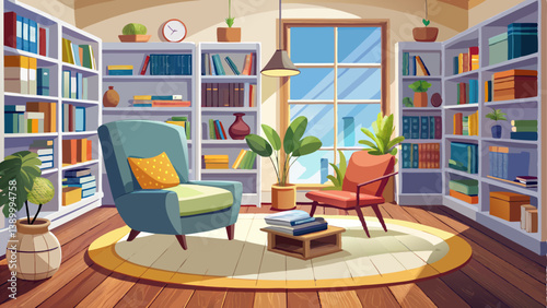 Scandinavian library room with white shelves, light wood flooring, and a comfy reading chair.