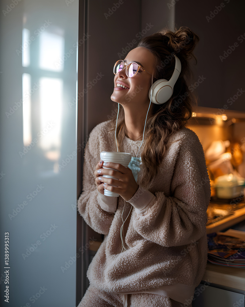 A cheerful woman enjoys a moment at home, immersed in music and comfort.