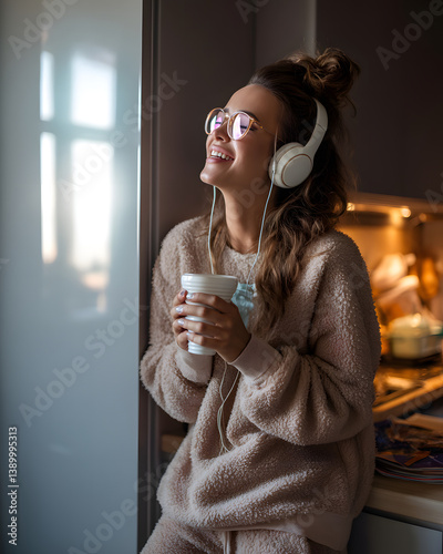 Obraz na płótnie A cheerful woman enjoys a moment at home, immersed in music and comfort. w salonie