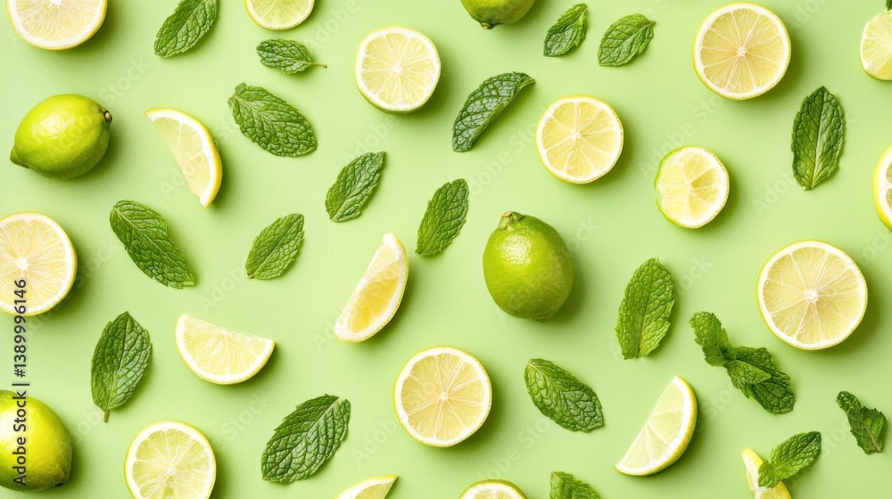 Limes, mint, green background, flatlay, food blog Limes, mint, green background, flatlay, food blog