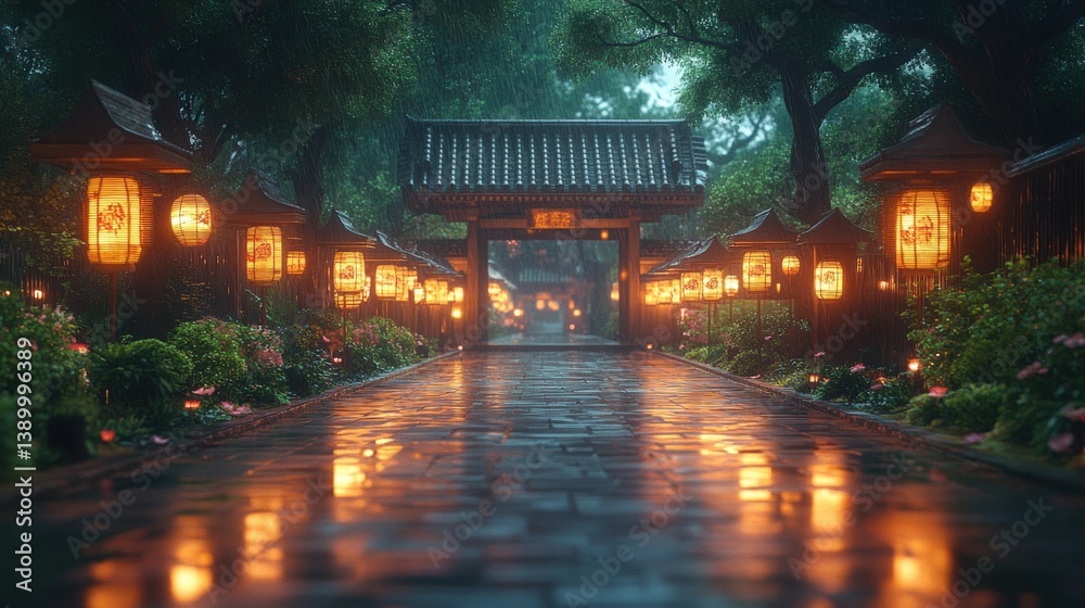 Obraz premium Rainy Night with Asian Garden Path.