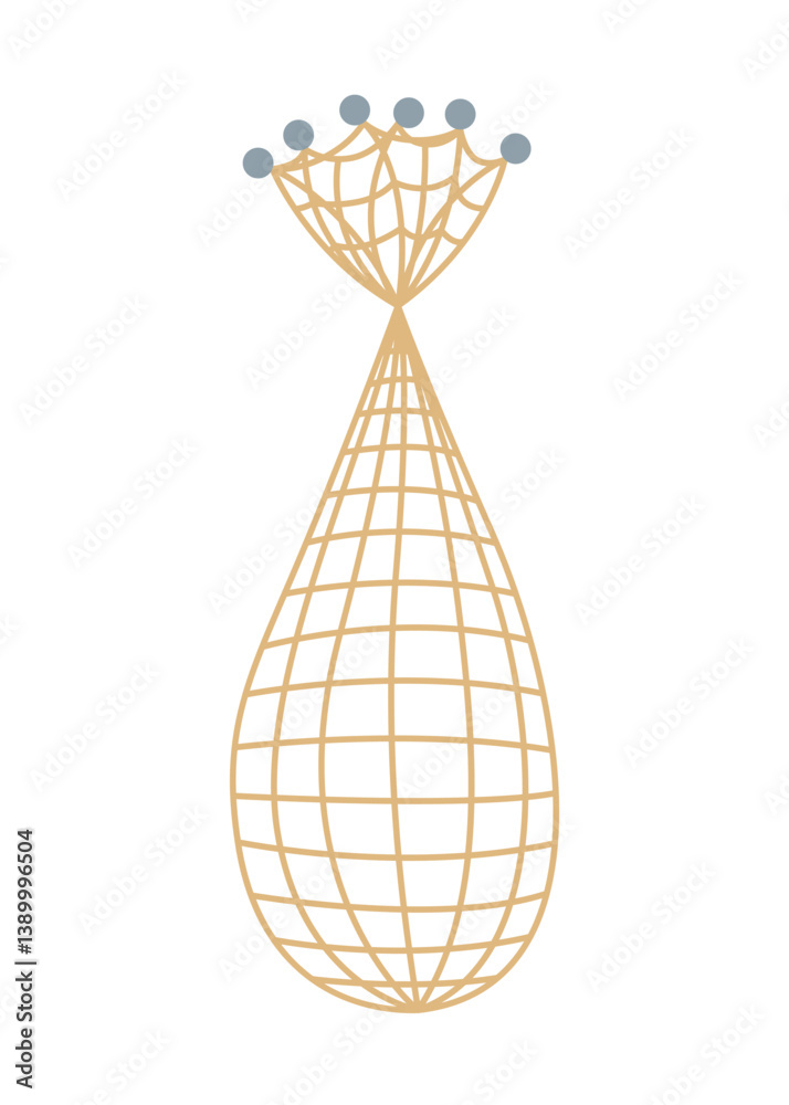 Fish net icon, isolated fishnet and fish scoop. Mesh tool used for catching. Device for safely transferring fish from one container to another or water. Vector cartoon illustration