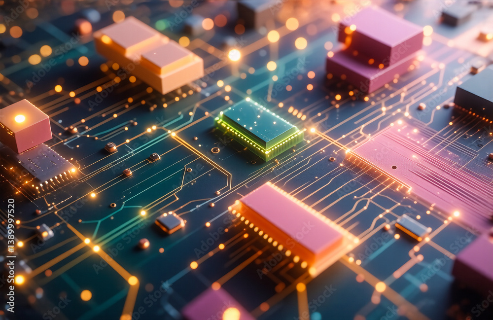 Obraz premium Digital circuit board, glowing components, intricate pathways, interconnected, technology, advanced hardware, electrical signals, futuristic, computing. Hints: colours, patterns, designs.