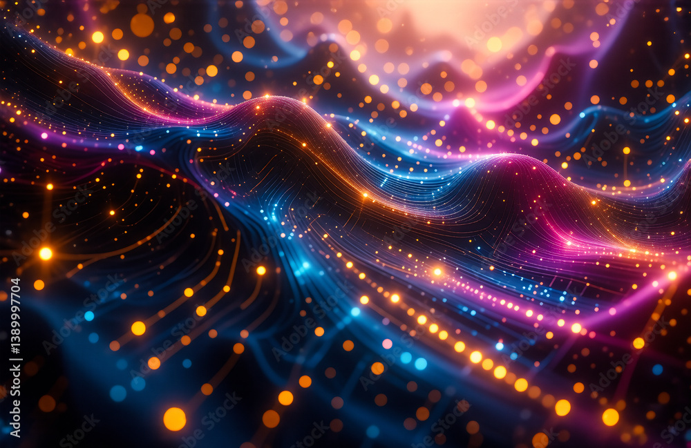 Obraz premium An image displaying abstract wave patterns, glowing in blue, pink, and orange hues. The background features a soft, bright light. It evokes energy flow and a sense of wonder.