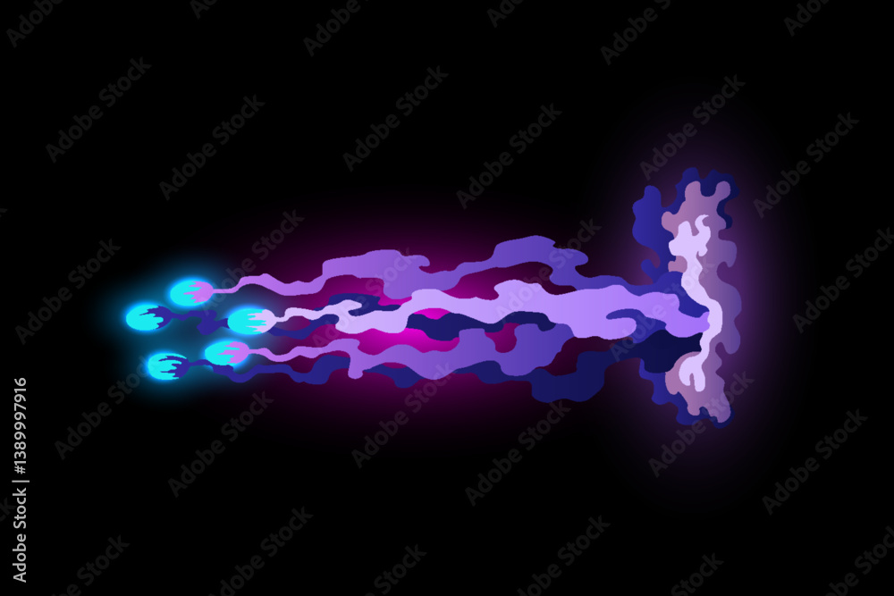 Speed effect cartoon vfx. Comic line blaster shot. Energy fire flame light. Neon color, asteroid flying rock. Flash lightning motion. Fantasy vector element