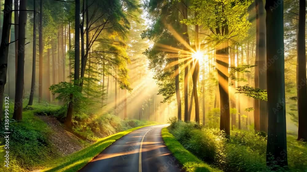 Sunrise on a Winding Forest Road A Serene Journey Through Nature's Embrace