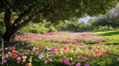 Wallpaper Mural Serene Meadow with Multicolored Flowers Under a Shade Tree Torontodigital.ca
