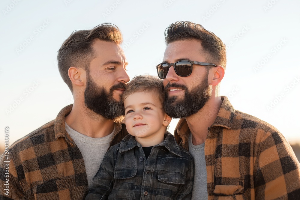 Two fathers embracing their young son outdoors in warm sunlight Two fathers embracing their young son outdoors in warm sunlight