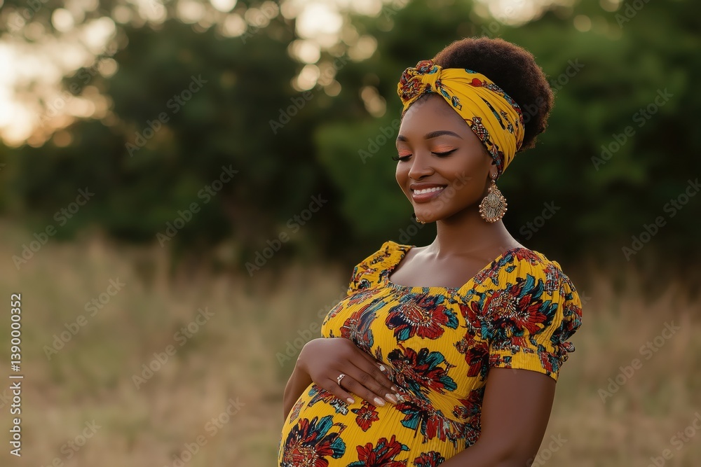 Pregnant woman in yellow floral dress smiling outdoors in serene environment