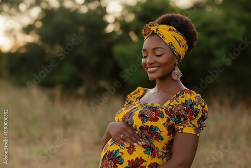 Obraz na płótnie Pregnant woman in yellow floral dress smiling outdoors in serene environment w salonie