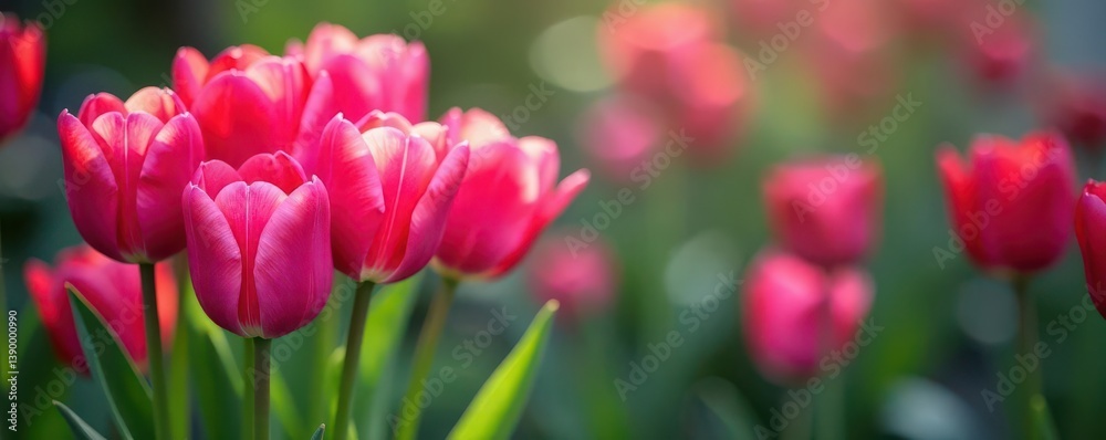 Obraz premium Cluster of bright pink tulips, dew-kissed petals , pink tulips, flowers