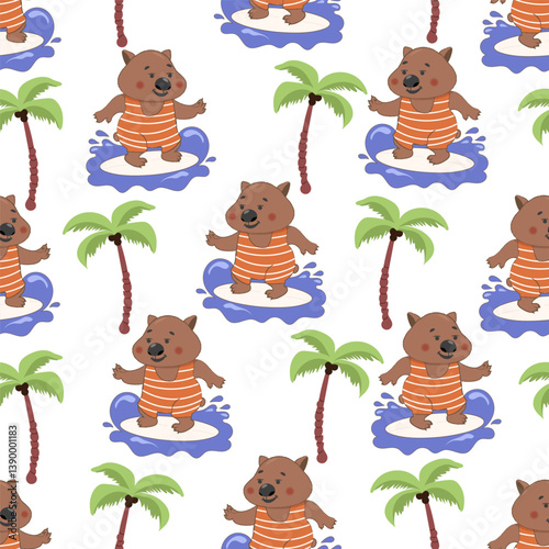 Cartoon cute wombat with surf vector seamless pattern. Print design animal for textile, fabric, wrapping paper, t-shirt