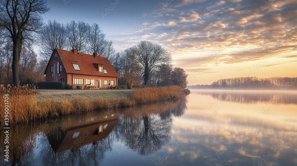 Fototapeta premium serene farmhouse by riverbank reflects in calm water at sunset