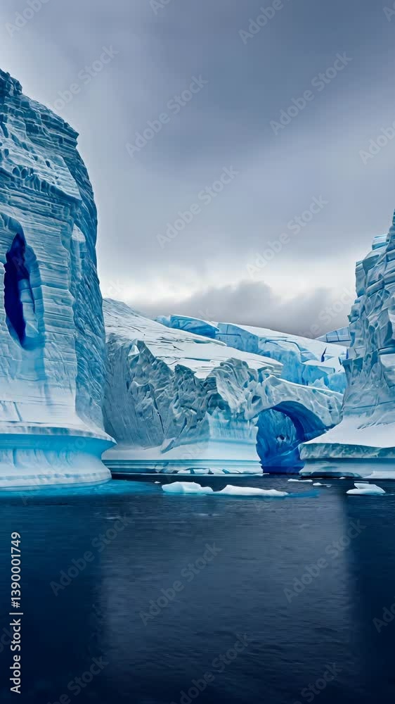 Stunning view of icy blue glaciers and dark water under a cloudy sky in a remote polar landscape