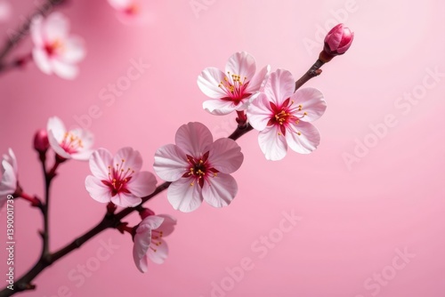 Delicate pink cherry blossom branches, close-up view against a soft pink backdrop , pastel, Japanese cherry