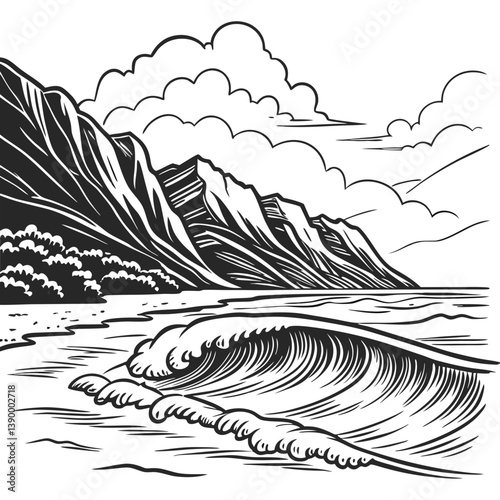 Ocean waves in the foreground with towering mount