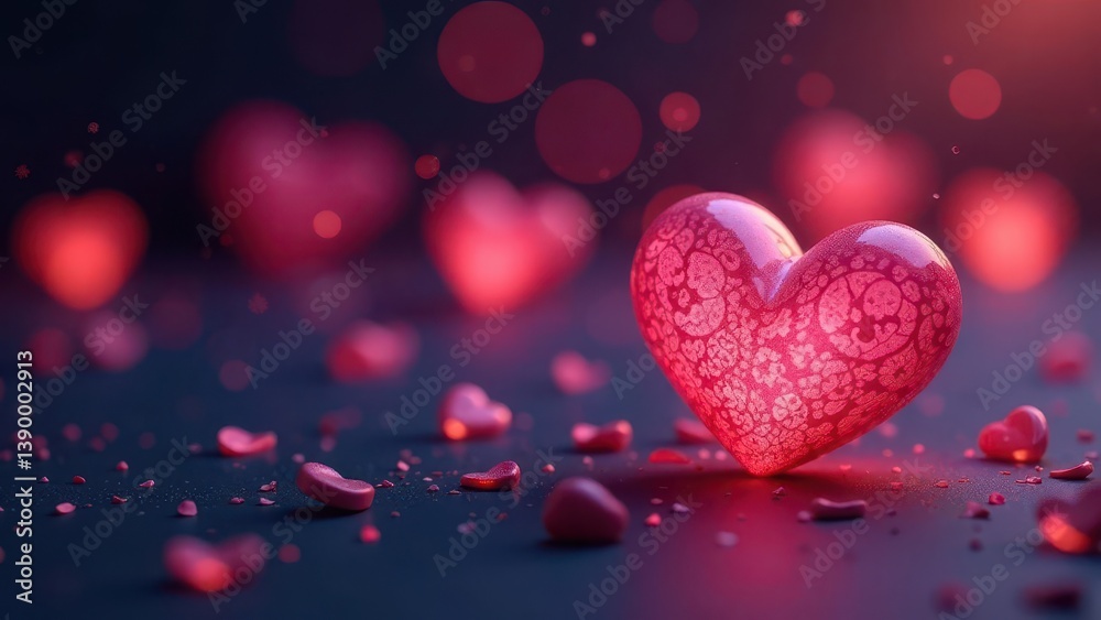 A single ornate heart rests amidst a scattering of smaller hearts, bathed in a romantic, crimson glow. A single ornate heart rests amidst a scattering of smaller hearts, bathed in a romantic, crimson glow.