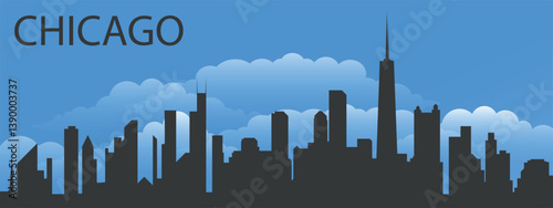 Black silhouette of the city of Chicago against a blue sky with clouds	