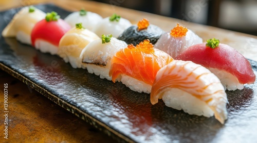Close-up of a delicately prepared sashimi platter with fresh slices of fish on a glossy black plate, highlighting the vivid colors and fine texture of each piece.
