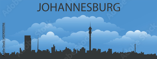 Black silhouette of the city of Johannesburg against a blue sky with clouds	
