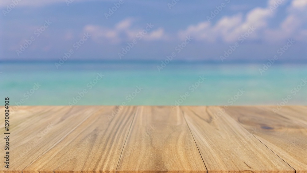 Fototapeta premium Wooden Table with Soft-Focus Tropical Beach Background