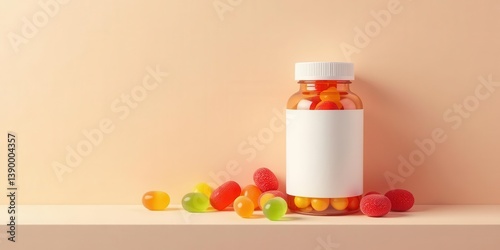 A bottle of colorful chewable tablets sits on a shelf against a neutral background, showcasing a blank label perfect for customization and branding.