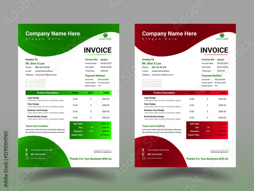 Invoice Template Design with Green and Red Color Scheme for Business