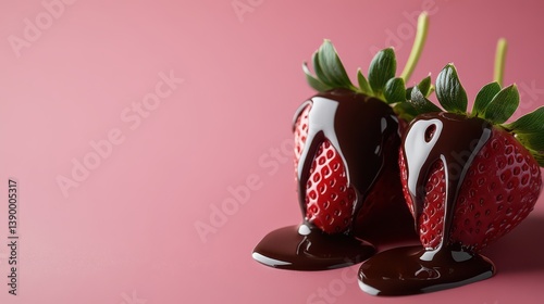 Fresh strawberries dipped in dark chocolate sauce, resting on a smooth solid color background, with chocolate drips highlighting the texture of the coating.