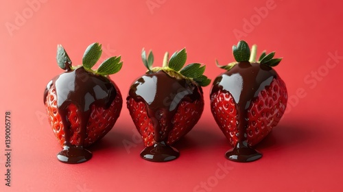 Fresh strawberries dipped in dark chocolate sauce, resting on a smooth solid color background, with chocolate drips highlighting the texture of the coating.