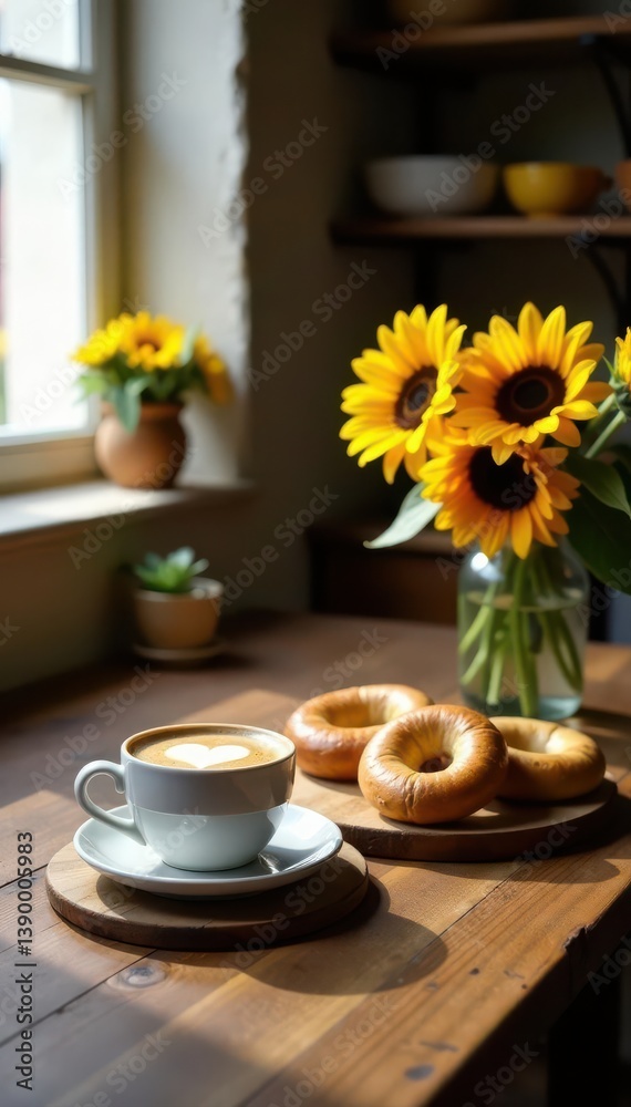 Fototapeta premium Rustic kitchen, wooden table, bagels, sunflowers, coffee , kitchenware, food