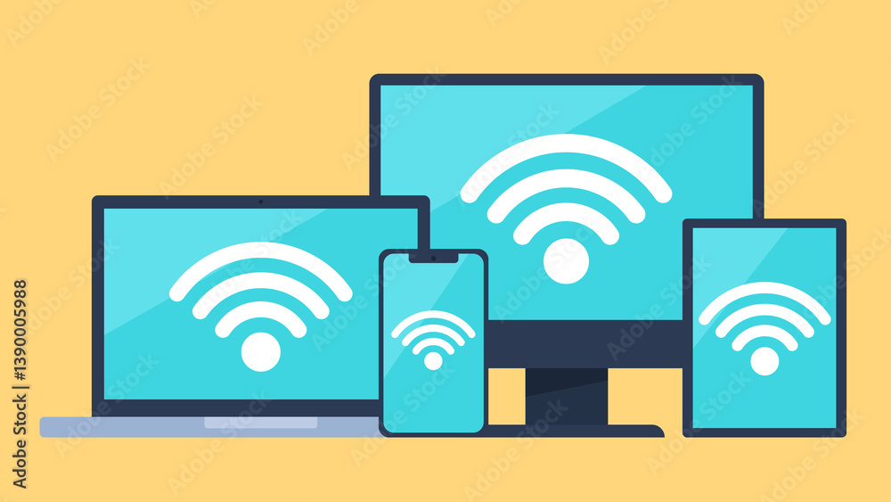 Wifi connection. devices with wifi icon. Laptop, mobile phone, monitor, tv, tablet connected with each other. Flat design. Wifi connection. devices with wifi icon. Laptop, mobile phone, monitor, tv, tablet connected with each other. Flat design.