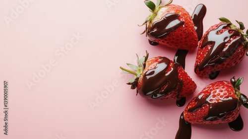 Fresh strawberries dipped in dark chocolate sauce, resting on a smooth solid color background, with chocolate drips highlighting the texture of the coating.