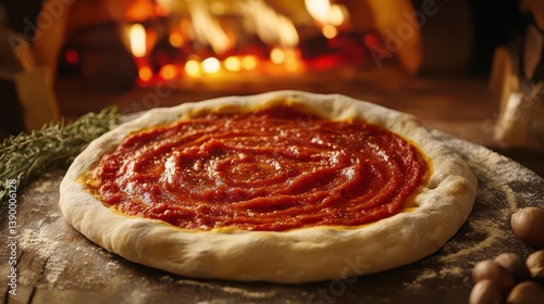 Homemade sourdough pizza dough, generously spread with fresh tomato sauce, ready to be cooked in a traditional wood-fired oven, capturing the authentic essence of Italian cuisine.